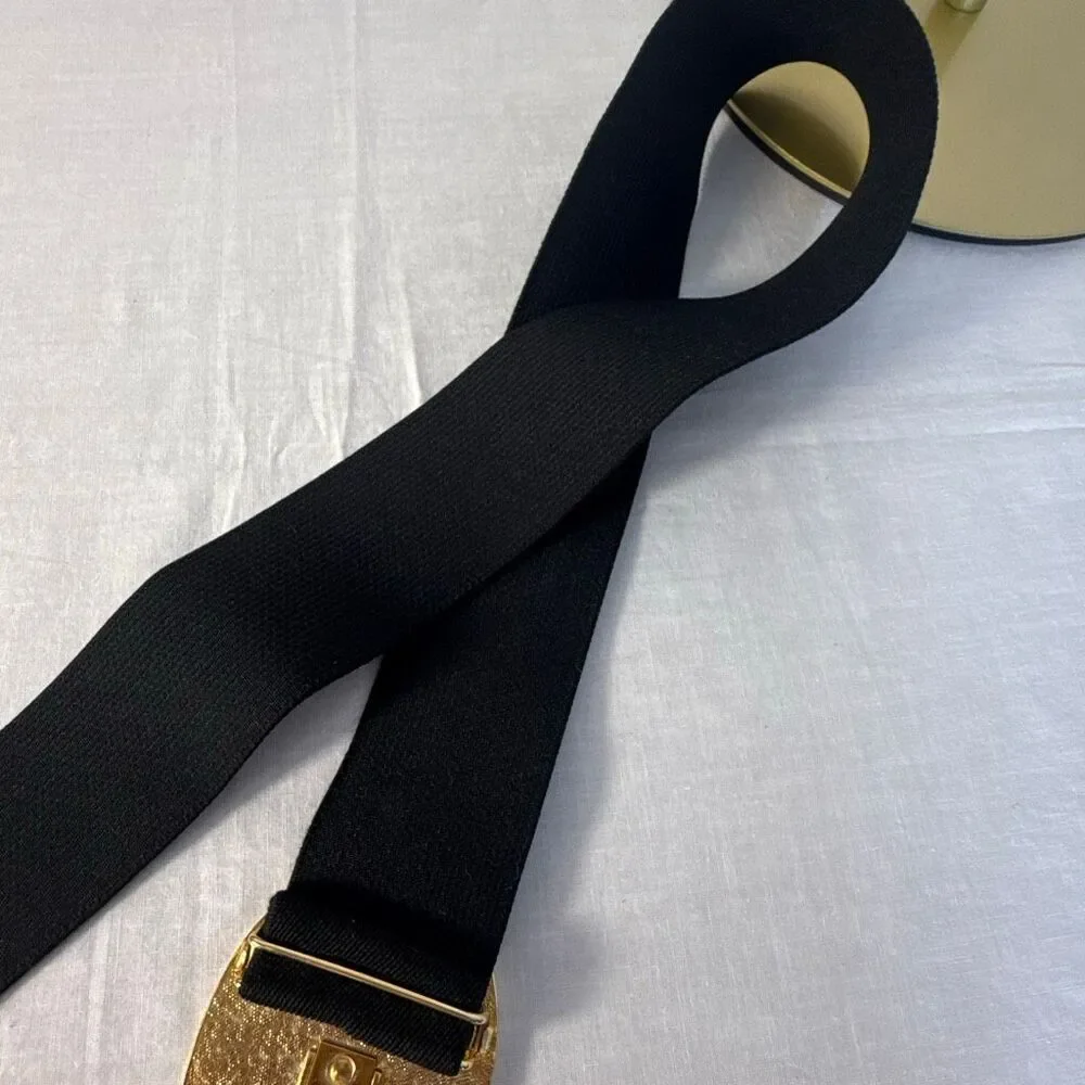 Vintage Nan Lewis Black & Gold Sculptural Enamel Buckle Belt | 1980s Modernist S